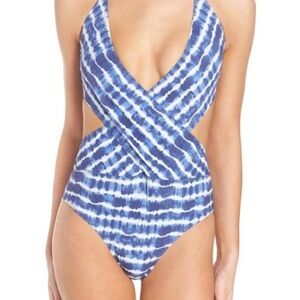 NWT Tory Burch Blue Tie-Dye women One Piece Swimsuit with cutouts